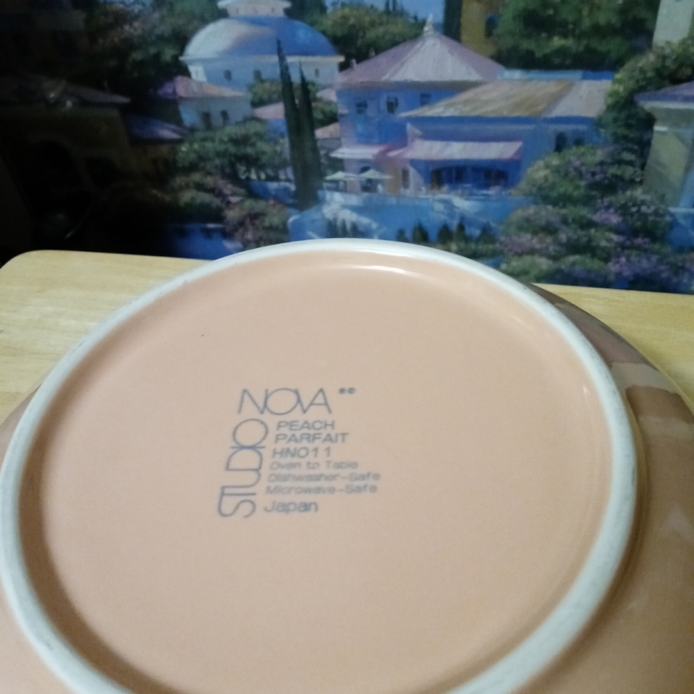 🏯🍜JAPANESE VINTAGE 11" BOWL🍱🌅PORCELAIN COLOR PEACH&GRAY RIM. - Picture 6 of 16